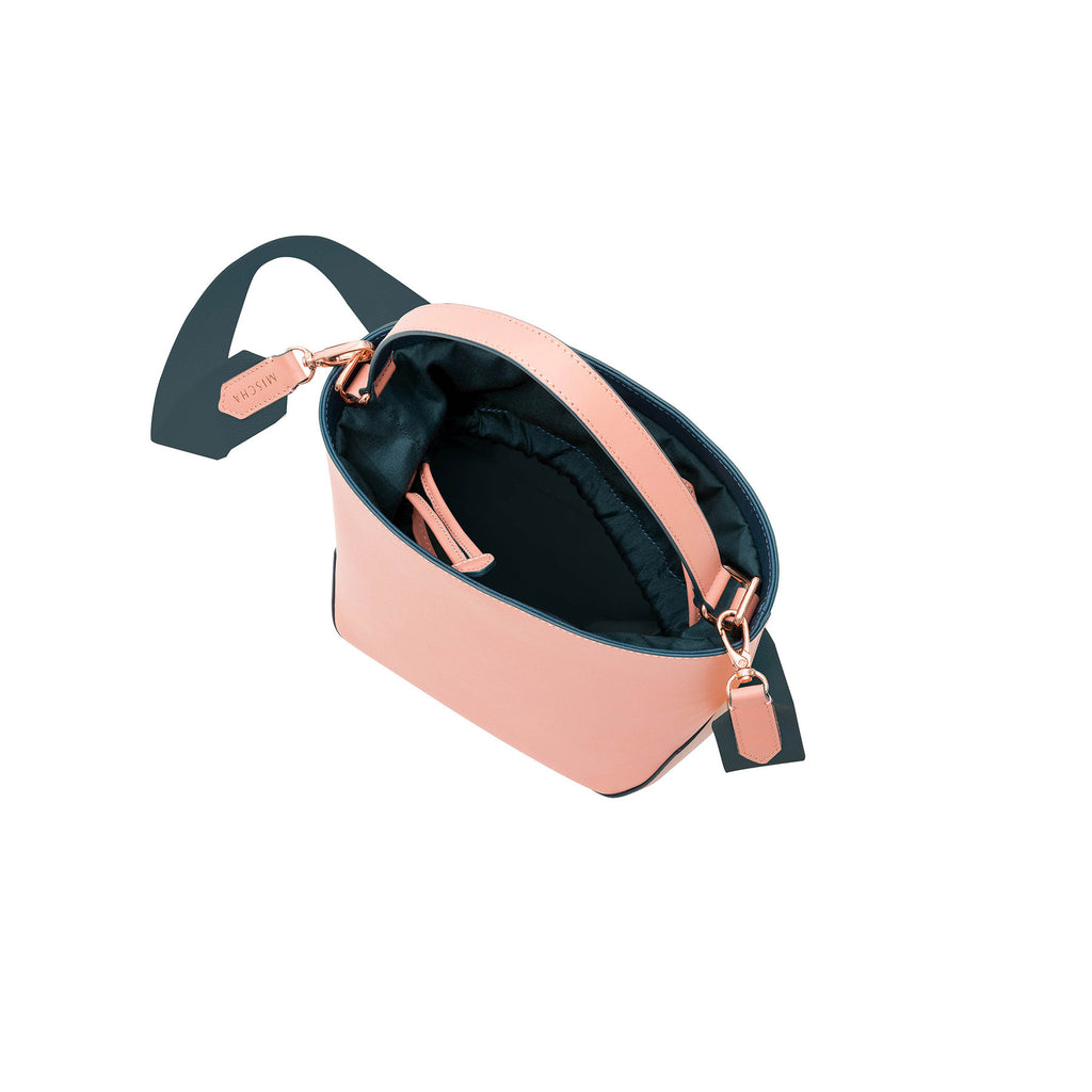 MISCHA Leather Bucket Bag - Rose (top open)