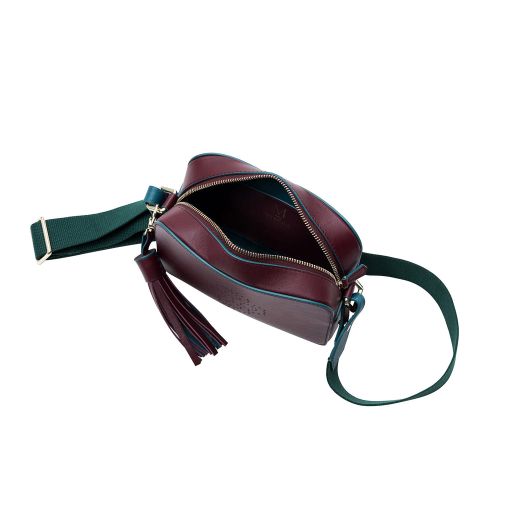 MISCHA Monogram Crossbody - Burgundy (with green strap)