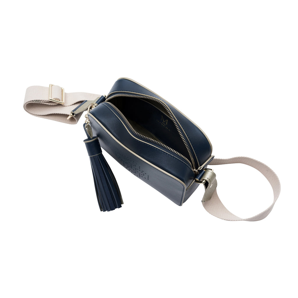MISCHA Monogram Crossbody - Navy (open view with beige strap)