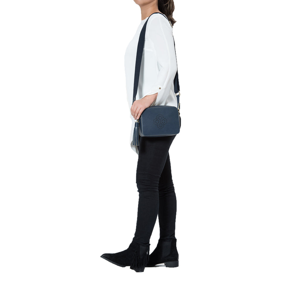 MISCHA Monogram Crossbody - Navy (model shot)