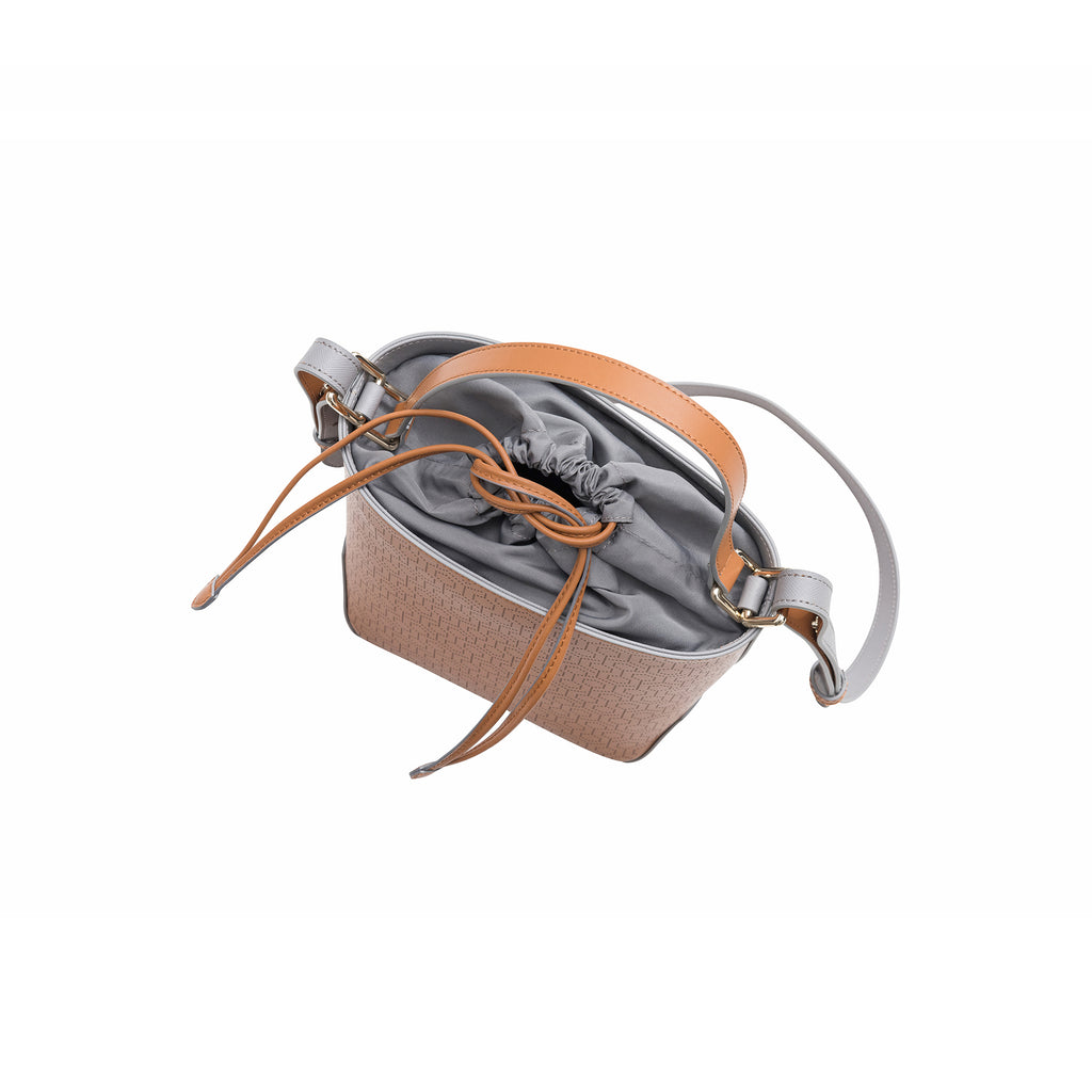 MISCHA Leather Bucket Bag - Oak (top close)